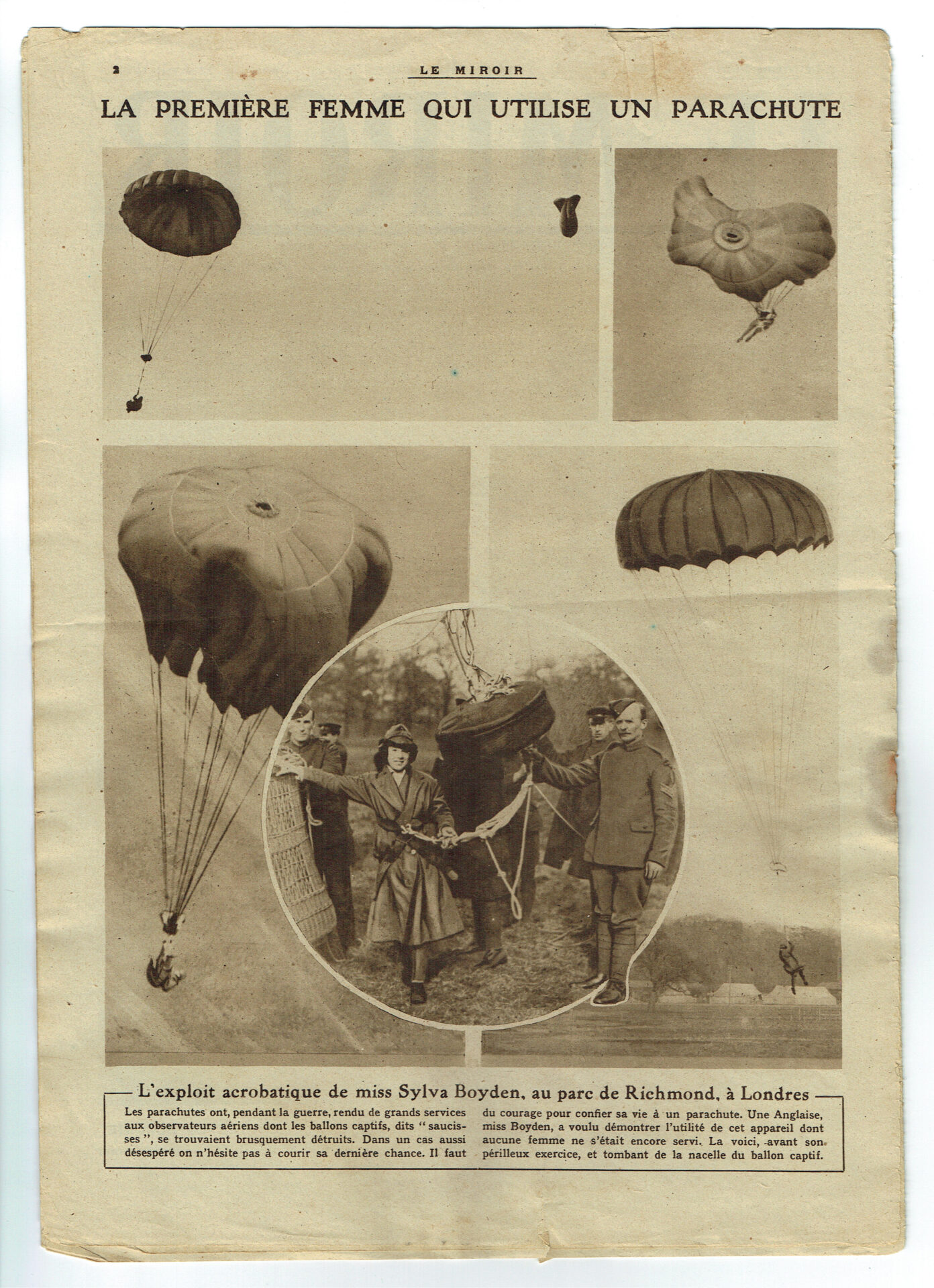 A vintage newspaper page titled "La Première Femme Qui Utilise Un Parachute" shows multiple images of early woman parachutist in action. Central is a circular photo of a woman in early 20th-century attire holding a parachute, standing next to a man. The tone is adventurous and historic.