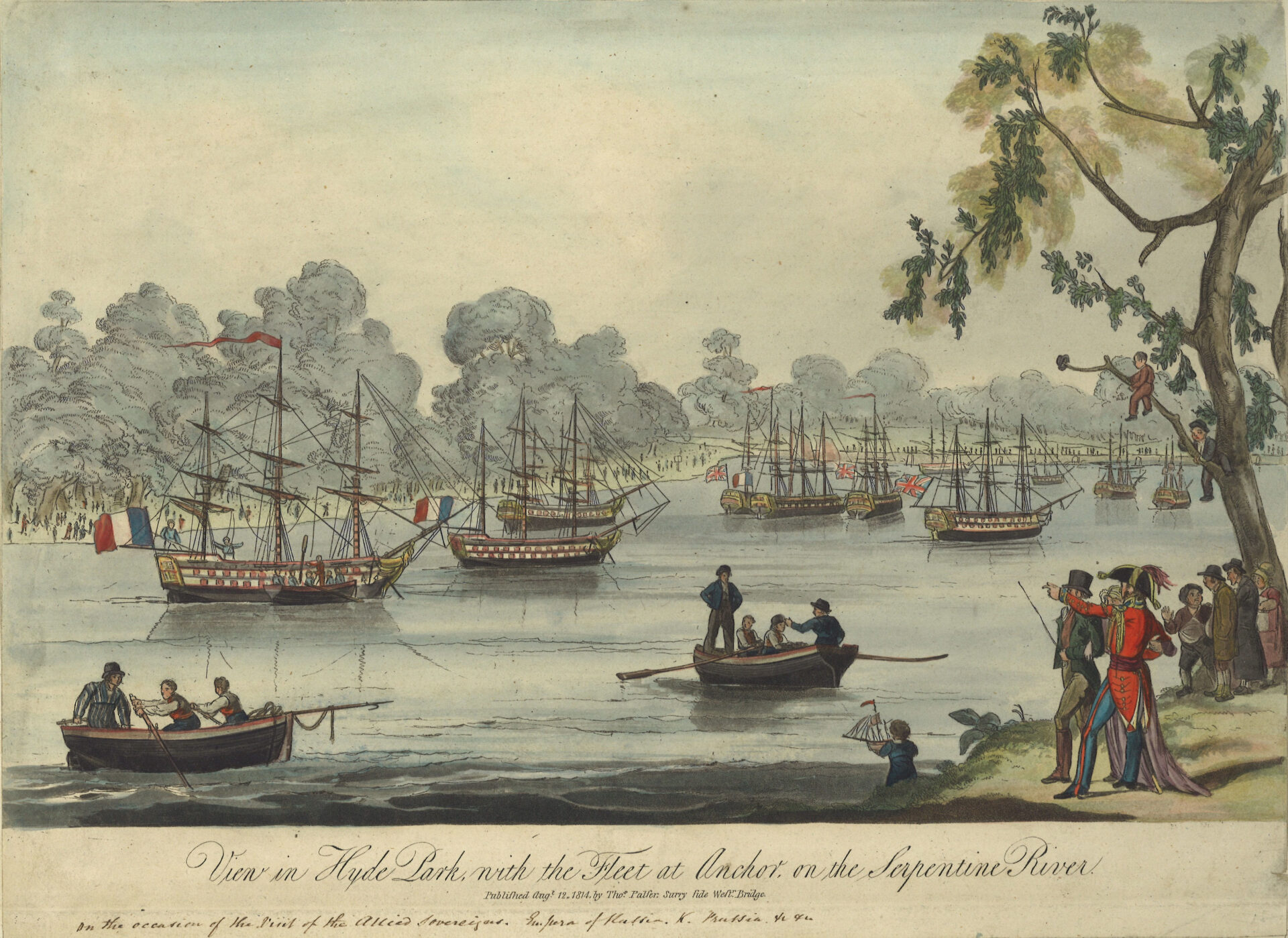 A fleet of sailing ships with various flags anchor on the Serpentine River near a Richmond park. People in boats and onshore watch, creating a festive atmosphere.
