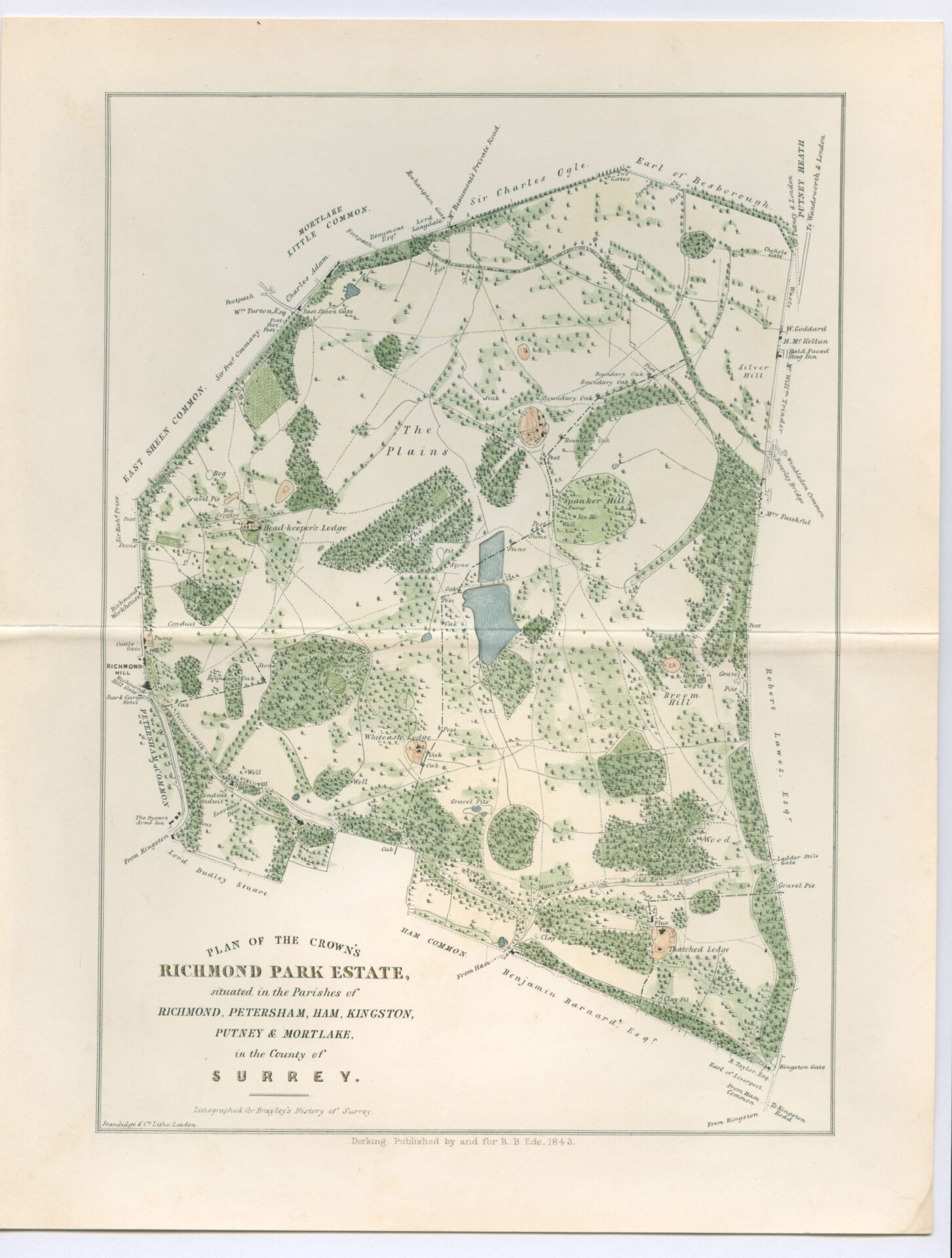 Historic map of Richmond Park Estate, Surrey, showing pathways, wooded areas, ponds, and entrances. The green and beige hues evoke a vintage feel.