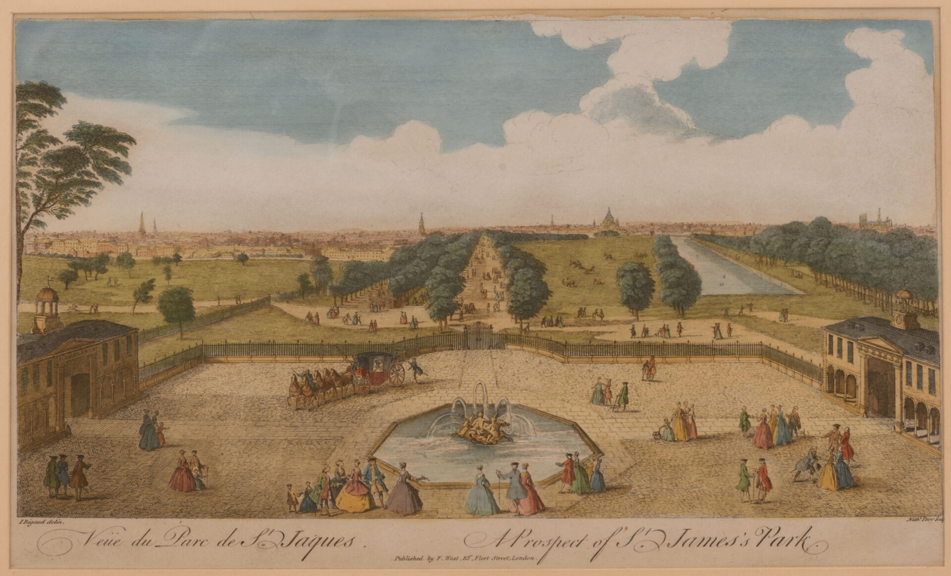 An 18th-century illustration of St. James's Park shows a bustling scene with elegantly dressed figures near a fountain, vast gardens, and a scenic landscape.
