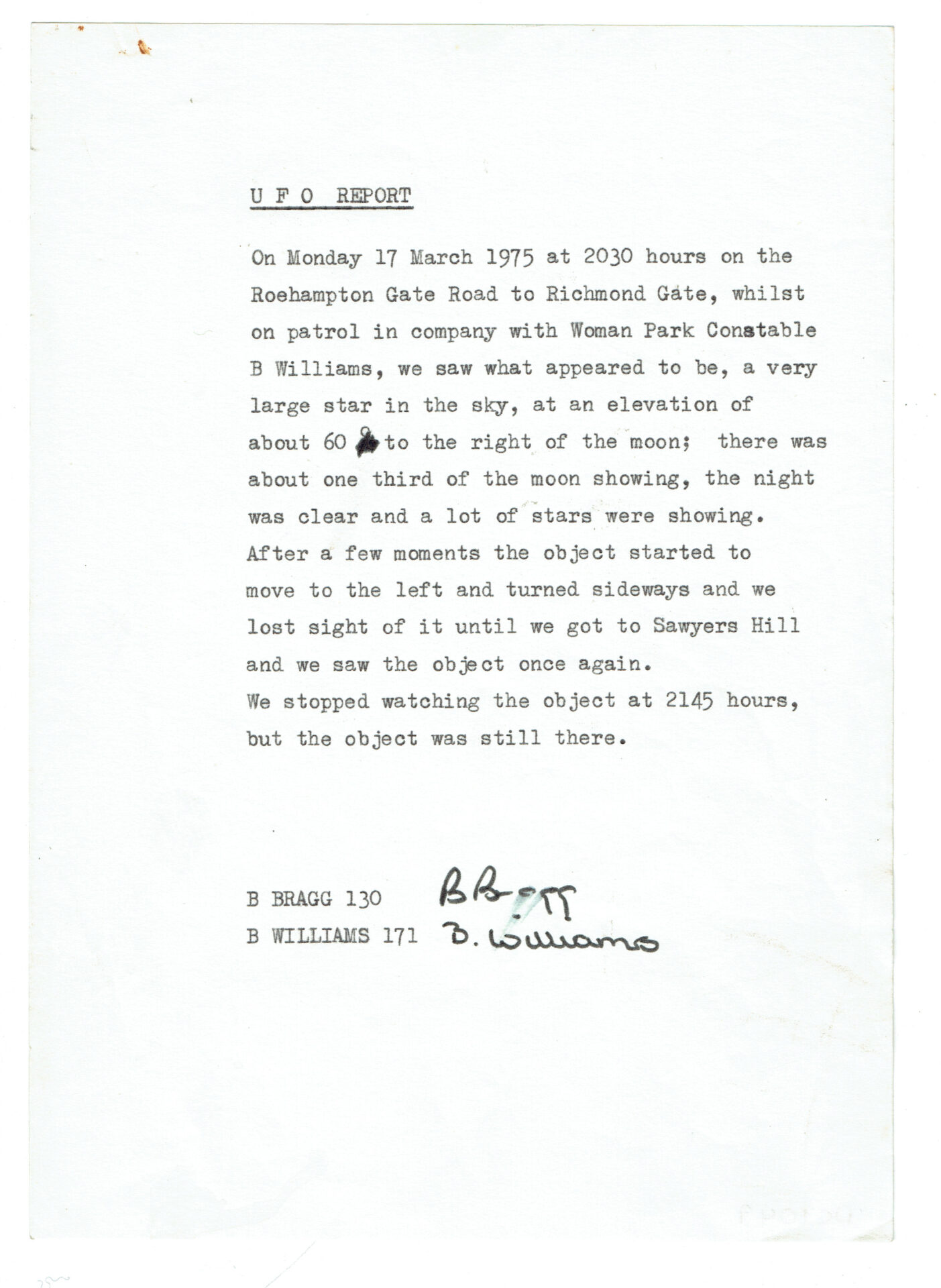 A typewritten UFO report dated March 17, 1975. It describes a sighting of a large star-like object near the moon by officers on patrol. The report mentions the object's movements and visibility in the night sky. The document is signed by two officers, B. Bragg and B. Williams, with their signatures at the bottom.
