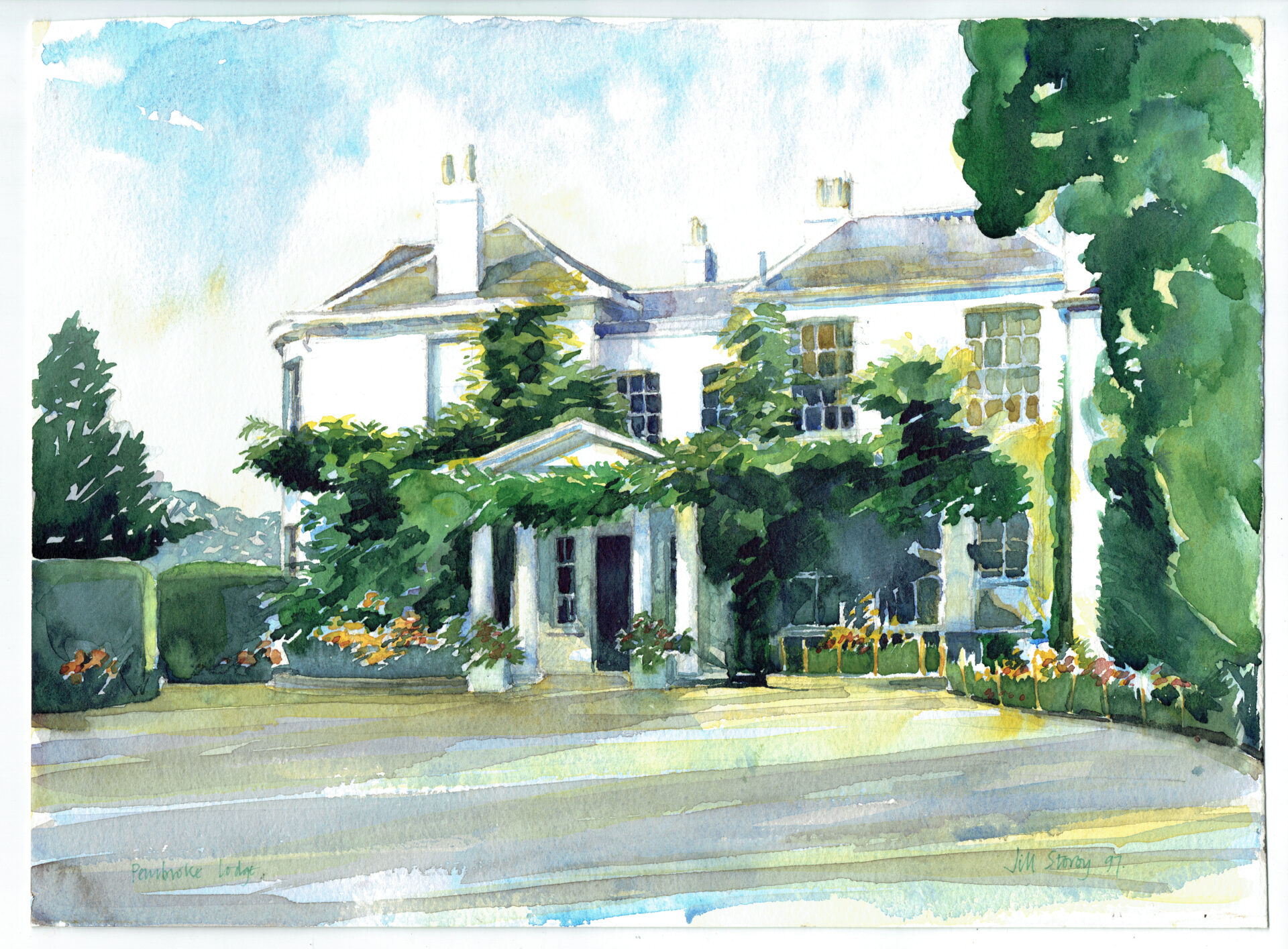 Contemporary watercolour painting of Pembroke Lodge in Richmond Park, depicting the elegant white country house with ivy-covered walls, mature trees, and colourful gardens on a sunny day.