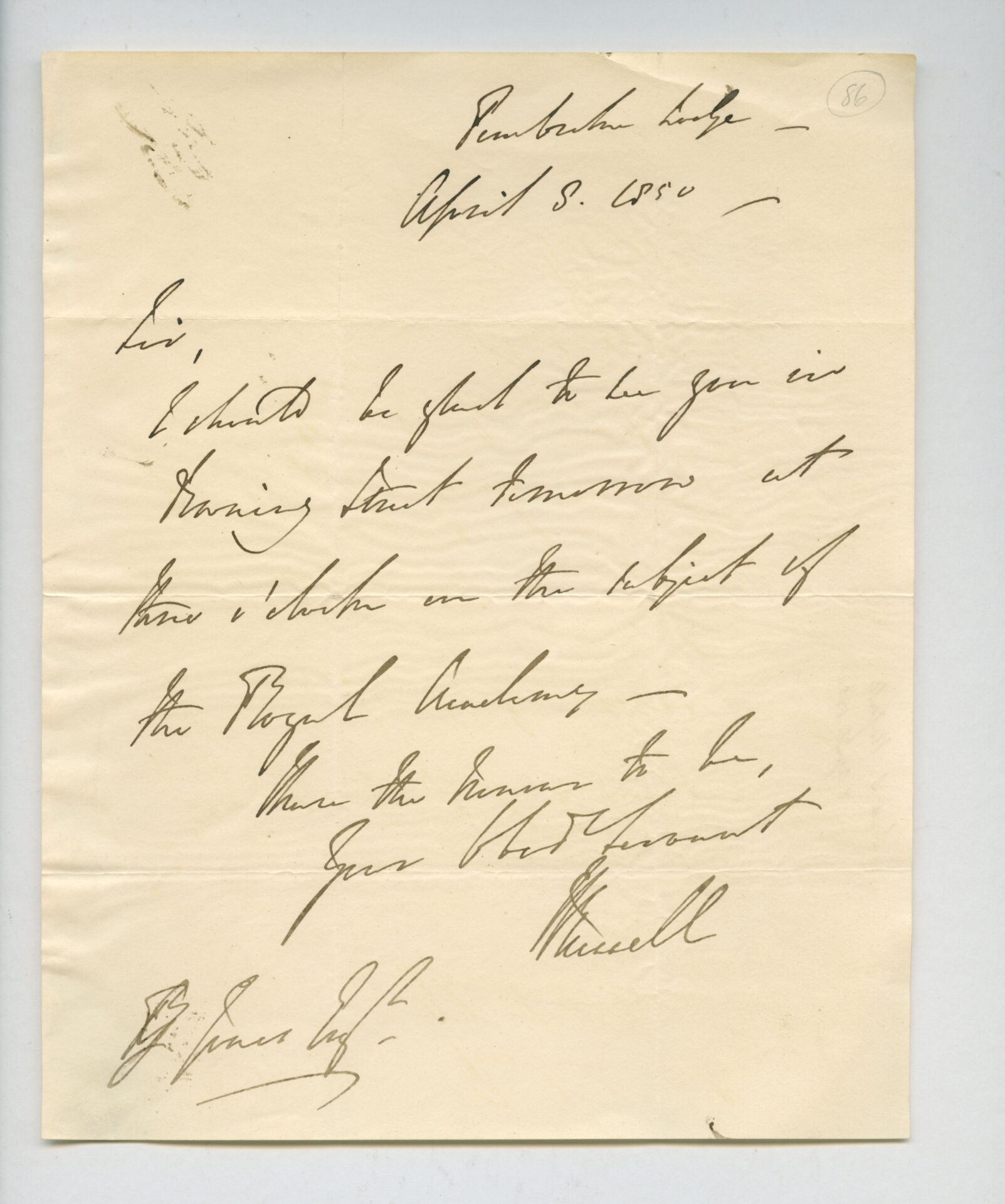 Handwritten letter from Lord John Russell, dated 8 April 1850, written from Pembroke Lodge in Richmond Park.