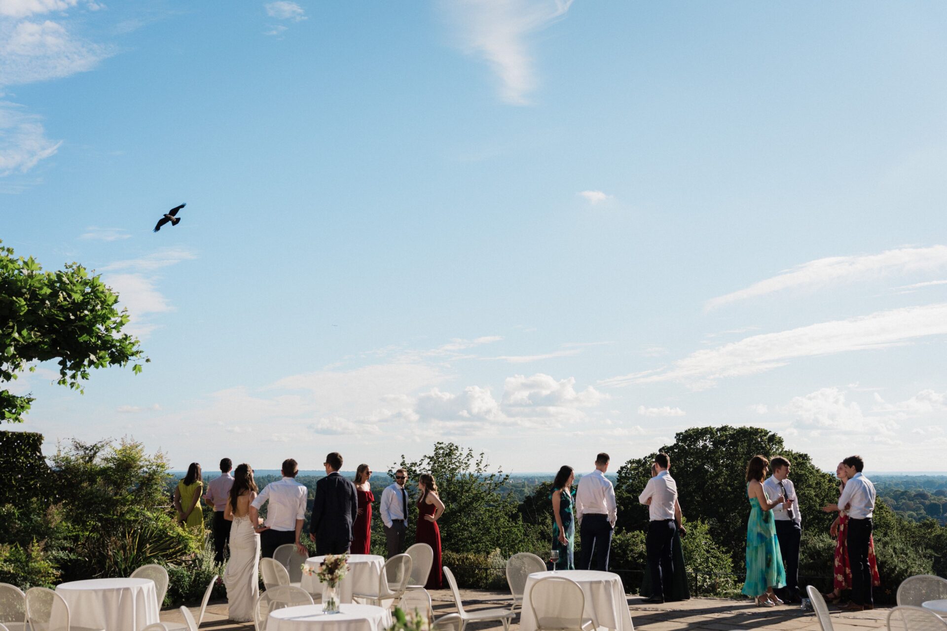 A group of people looking out across parklands.