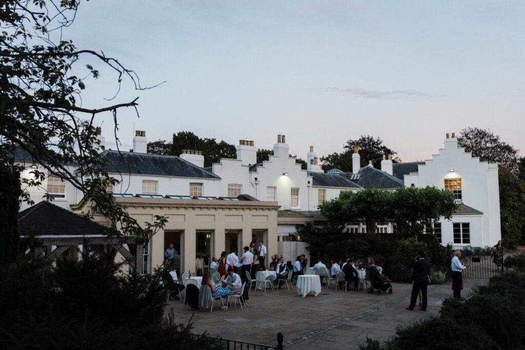 A large patio area at dusk.