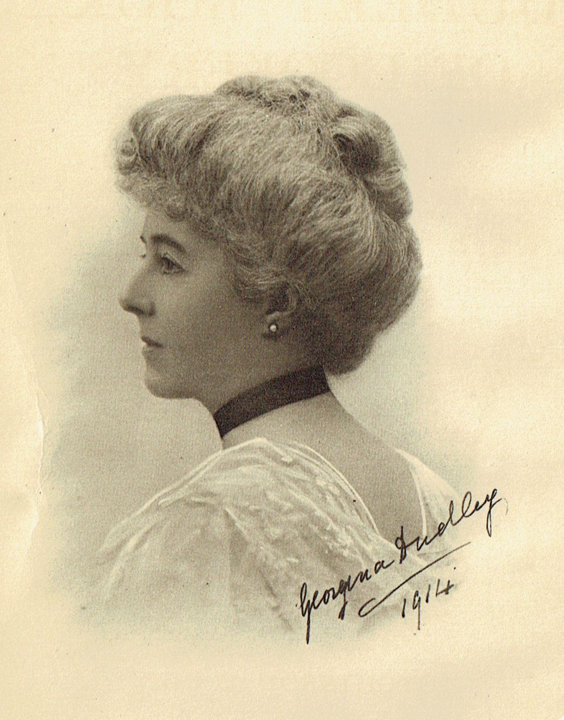 A woman, Lady Dudley, with a bow in her hair, elegantly styled, exuding grace and charm.