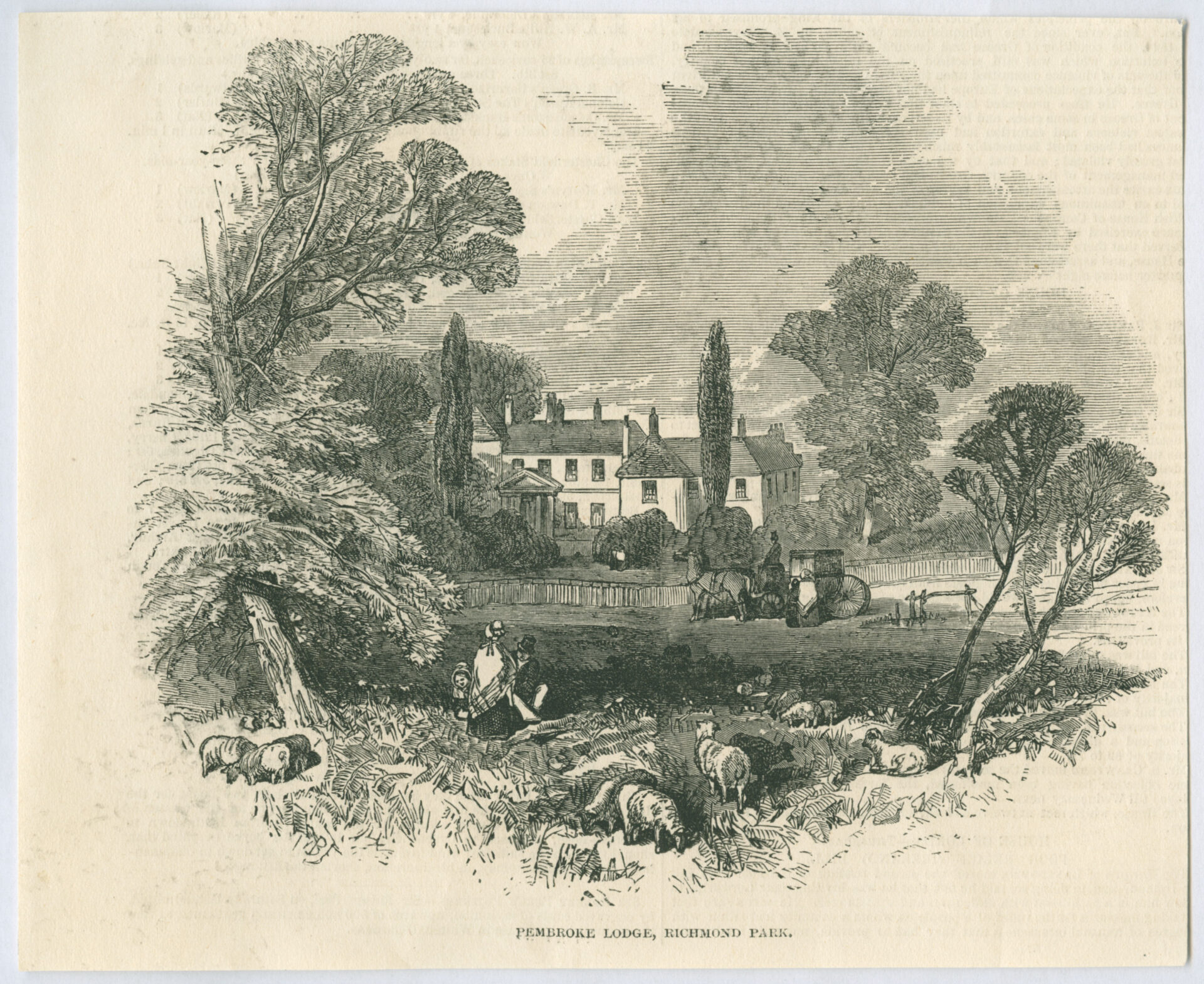 Vintage black and white illustration of Pembroke Lodge in Richmond Park, depicting the house and lush trees from the 1880s.