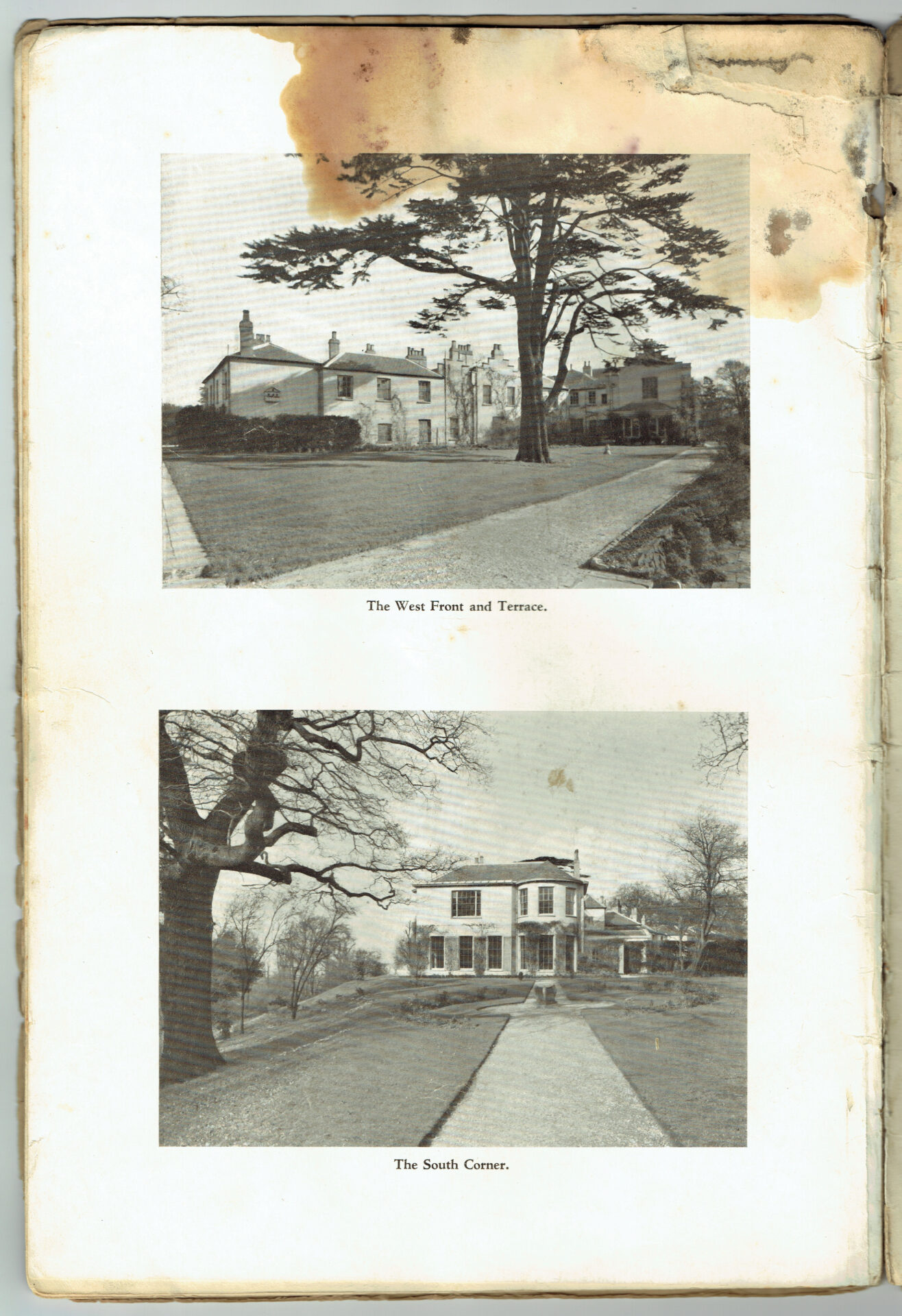 Page with two sepia-toned photos of a historic Pembroke Lodge in 1939. Top: tree-lined West Front and Terrace. Bottom: path leading to South Corner. Aged paper has stains.